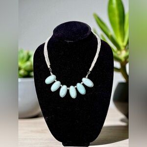 Vintage Faux Turquoise Blue Stone Silver Tone Boho Statement Necklace